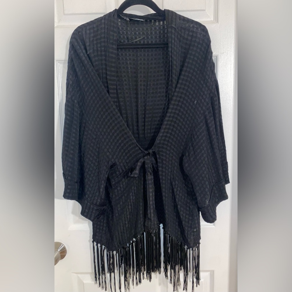 ZARA Black Fringe Kimono with tie-waist